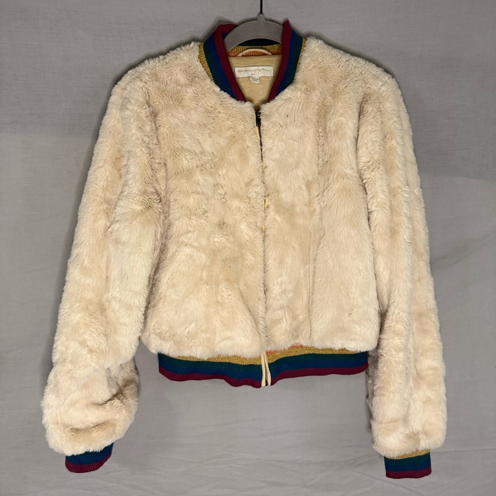 Spiritual Gangster Cream Faux-Fur Bomber Jacket with Rainbow Trim